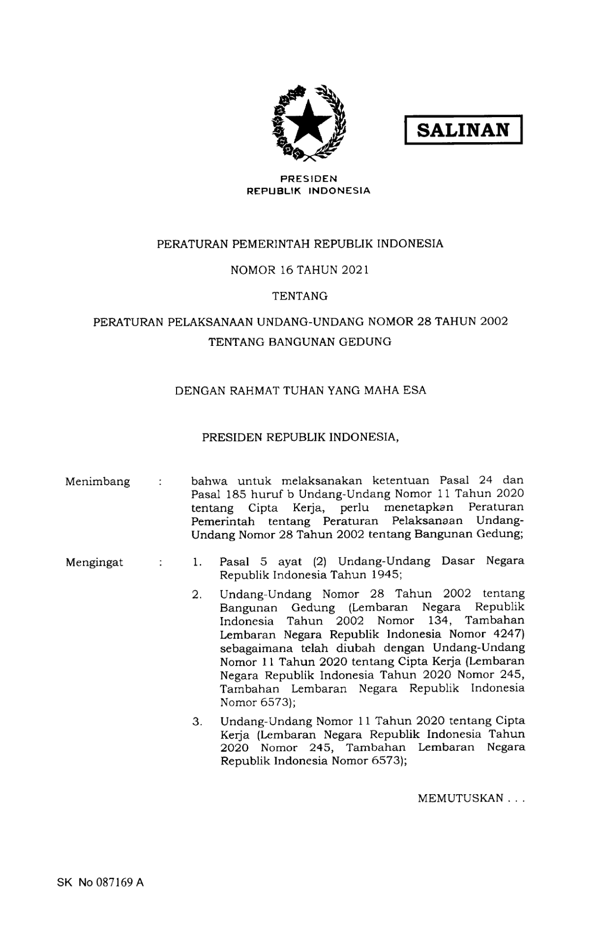 Peraturan Pemerintah Nomor 16 Tahun 2021