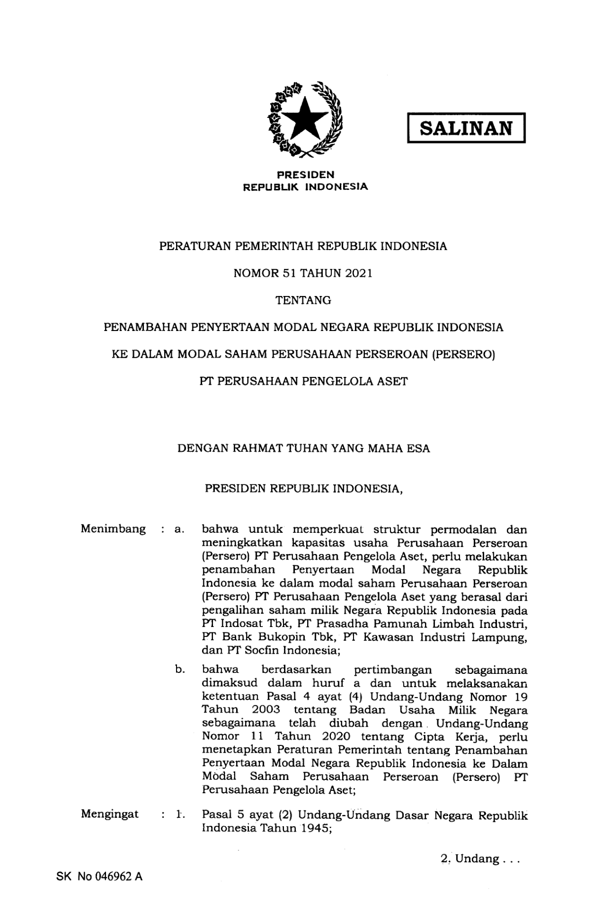 Peraturan Pemerintah Nomor 51 Tahun 2021