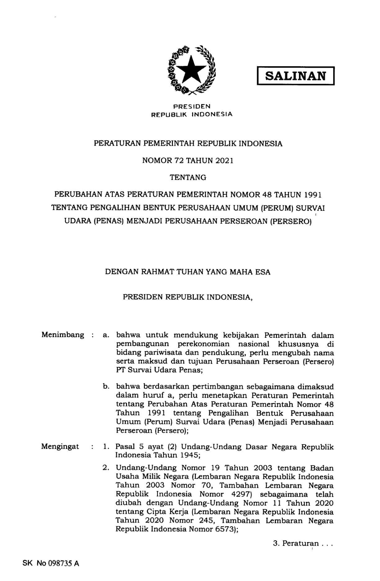 Peraturan Pemerintah Nomor 72 Tahun 2021