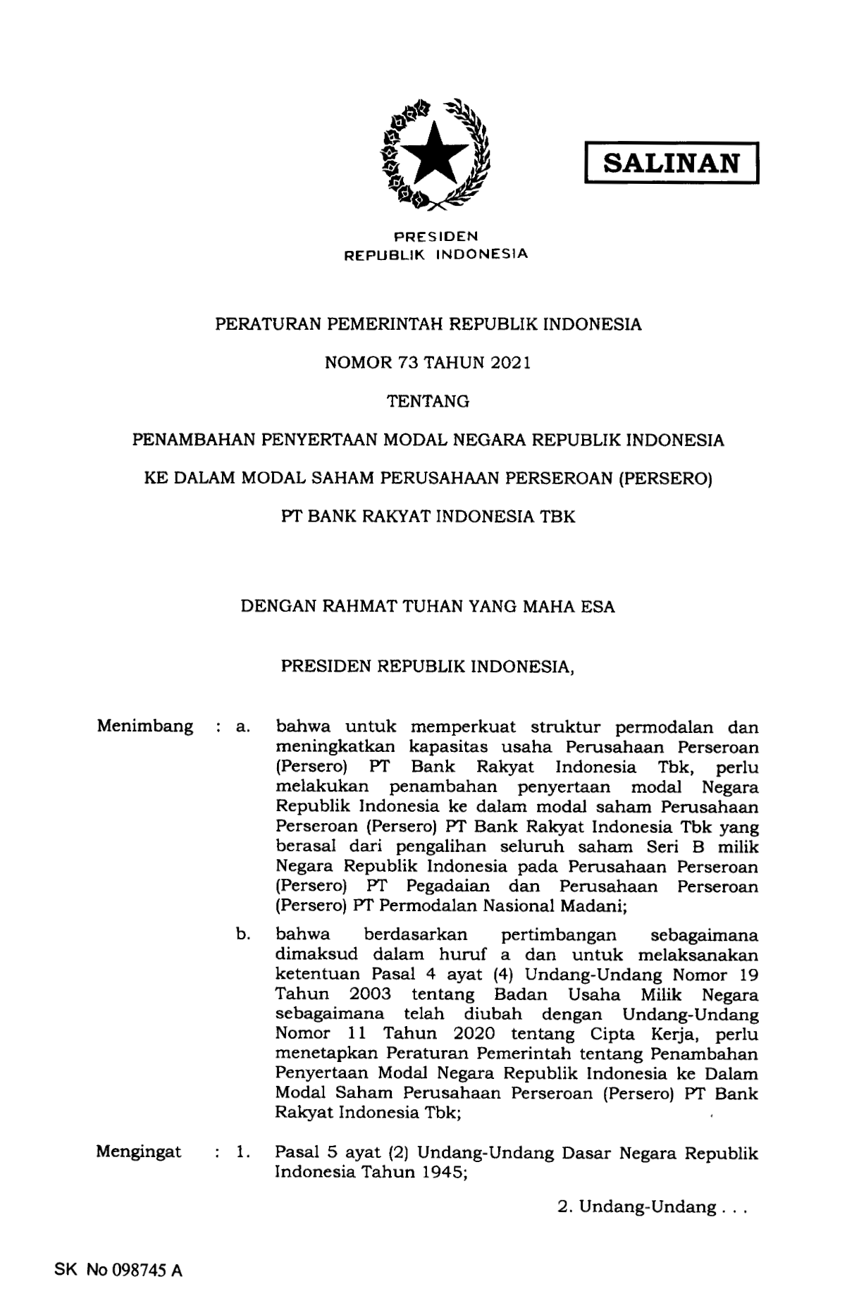 Peraturan Pemerintah Nomor 73 Tahun 2021