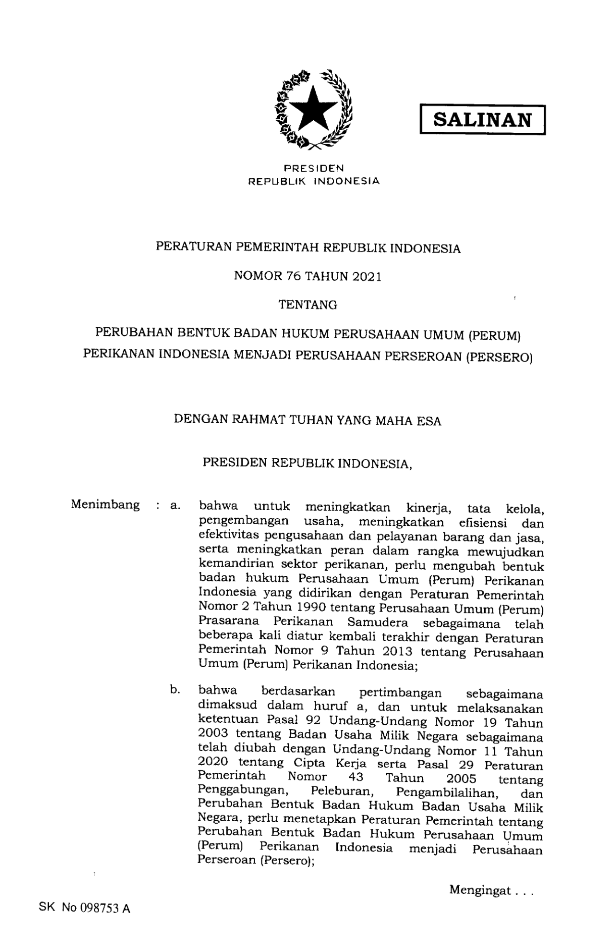 Peraturan Pemerintah Nomor 76 Tahun 2021