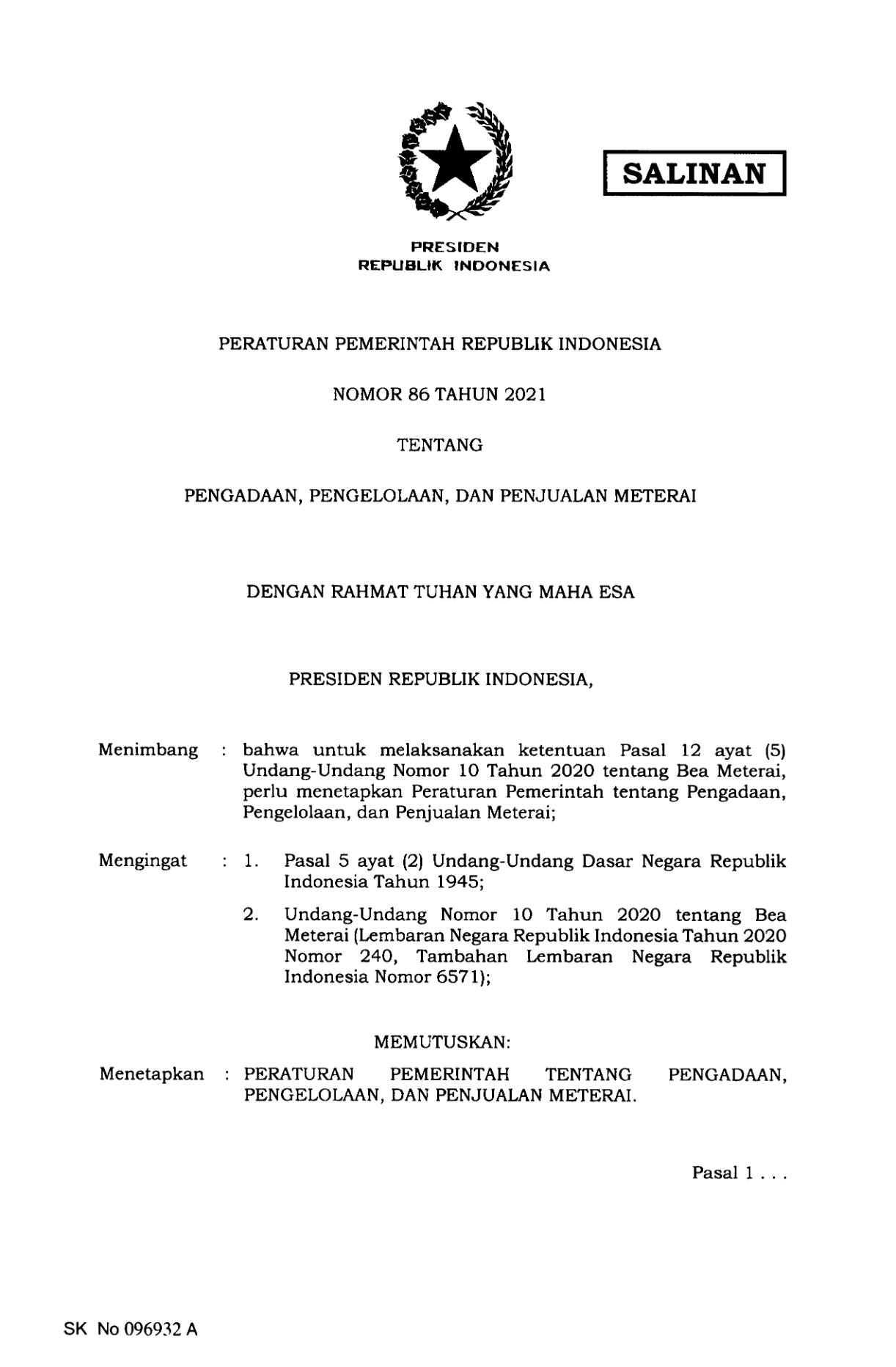 Peraturan Pemerintah Nomor 86 Tahun 2021