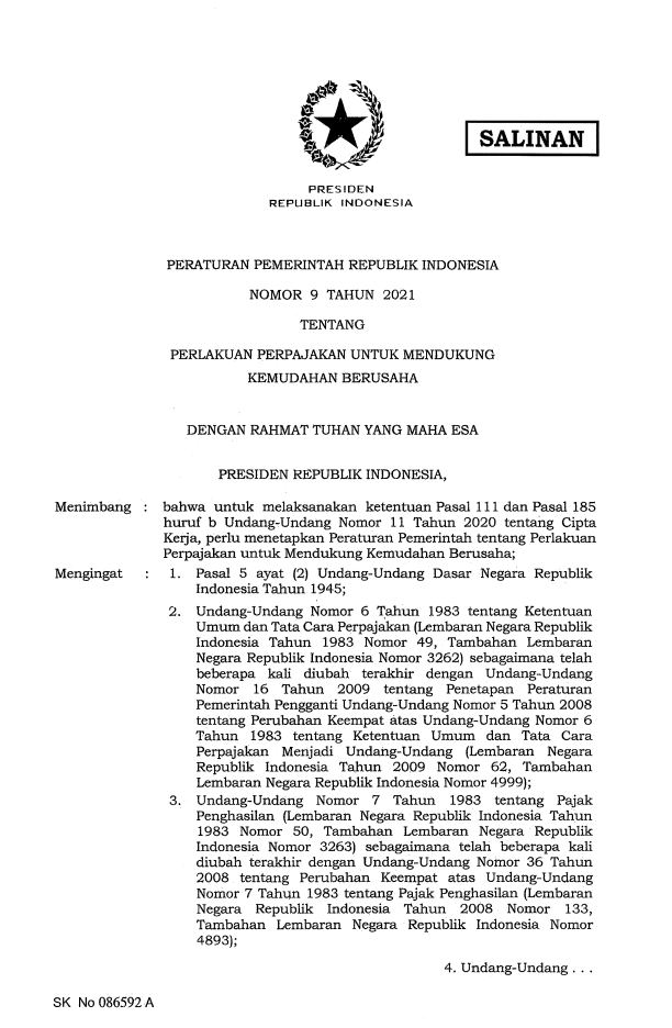 Peraturan Pemerintah Nomor 9 Tahun 2021