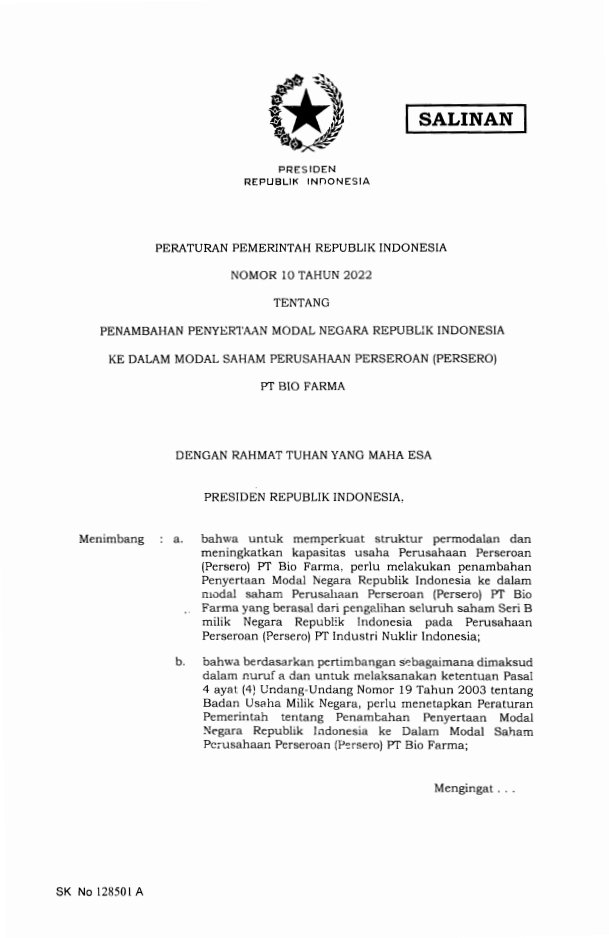 Peraturan Pemerintah Nomor 10 Tahun 2022