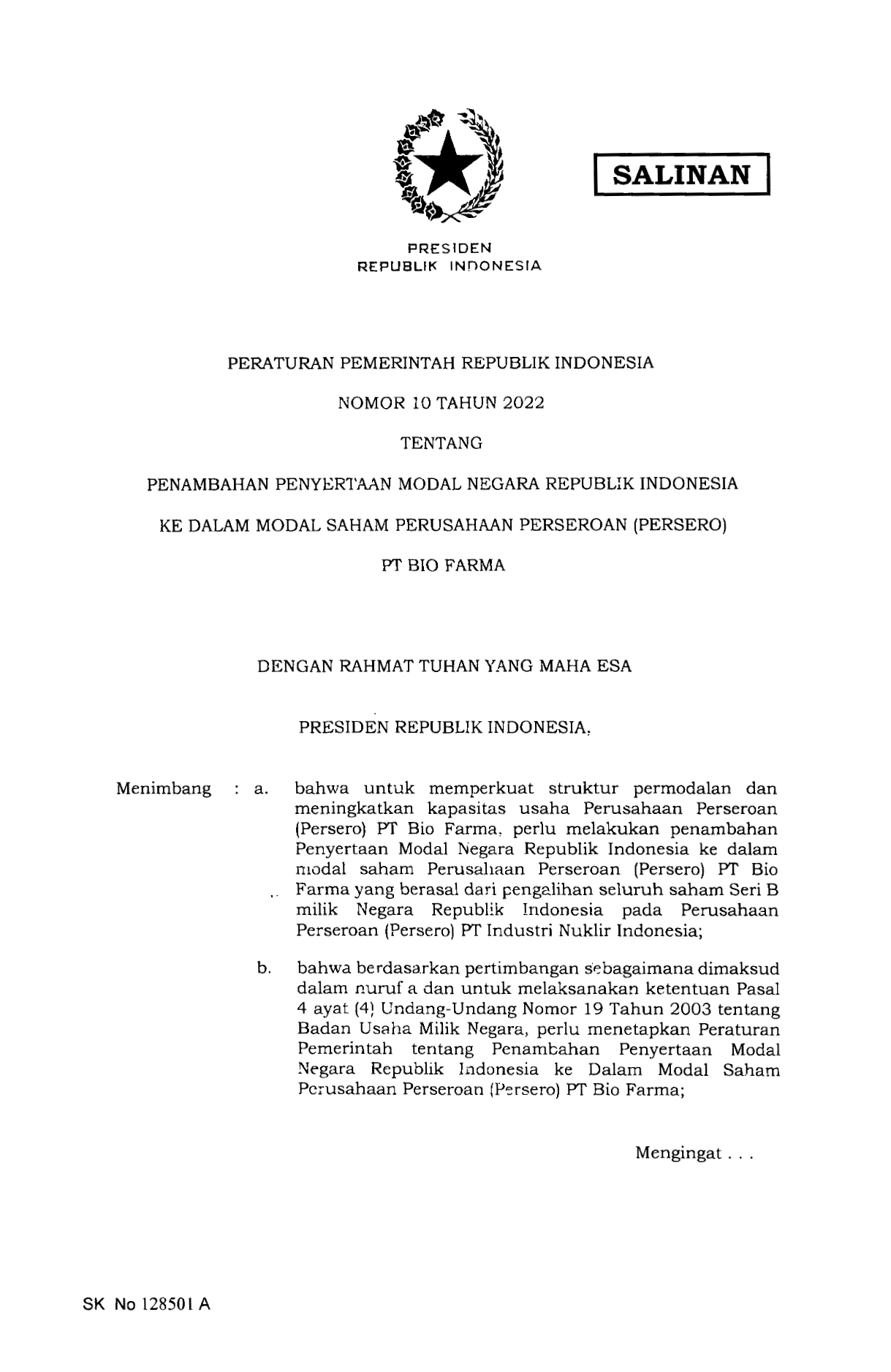 Peraturan Pemerintah Nomor 10 Tahun 2022