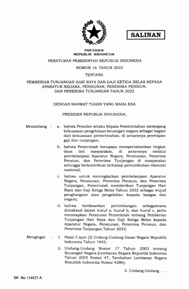 Peraturan Pemerintah Nomor 16 Tahun 2022