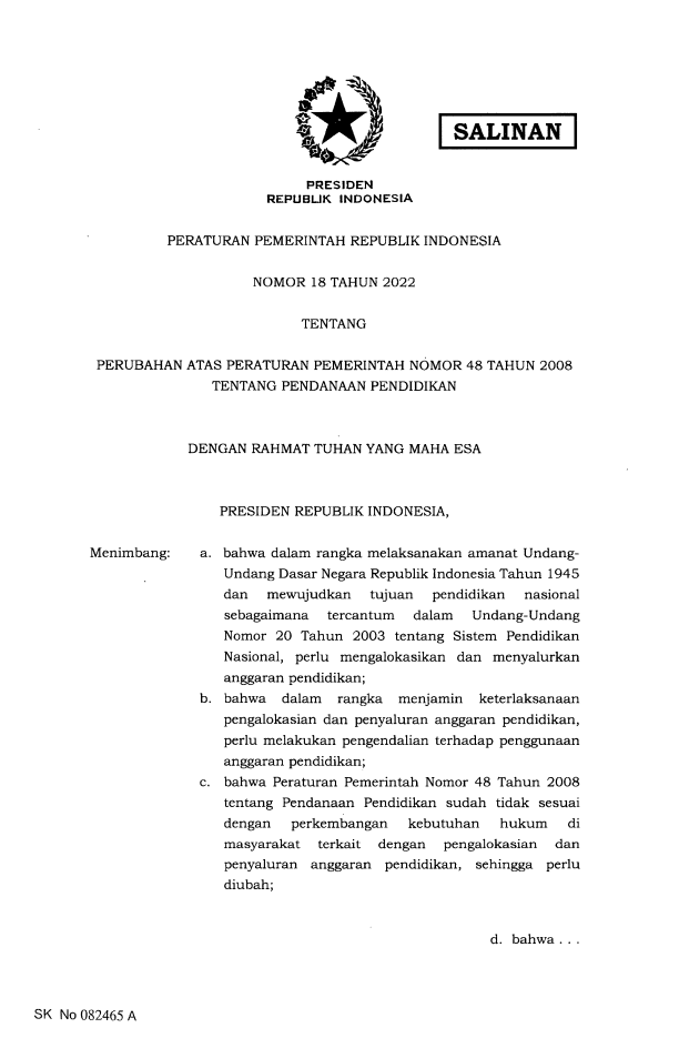 Peraturan Pemerintah Nomor 18 Tahun 2022