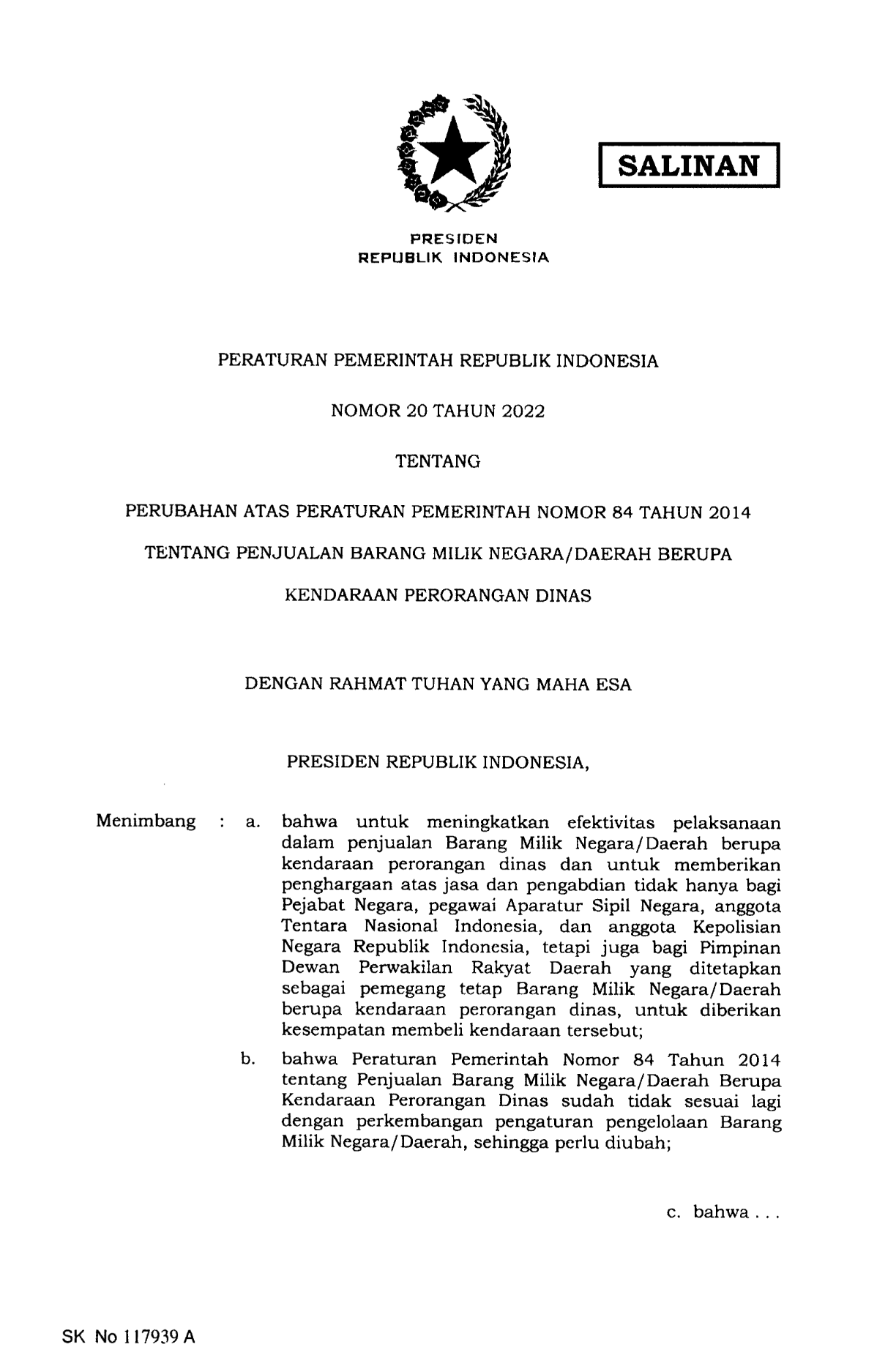 Peraturan Pemerintah Nomor 20 Tahun 2022