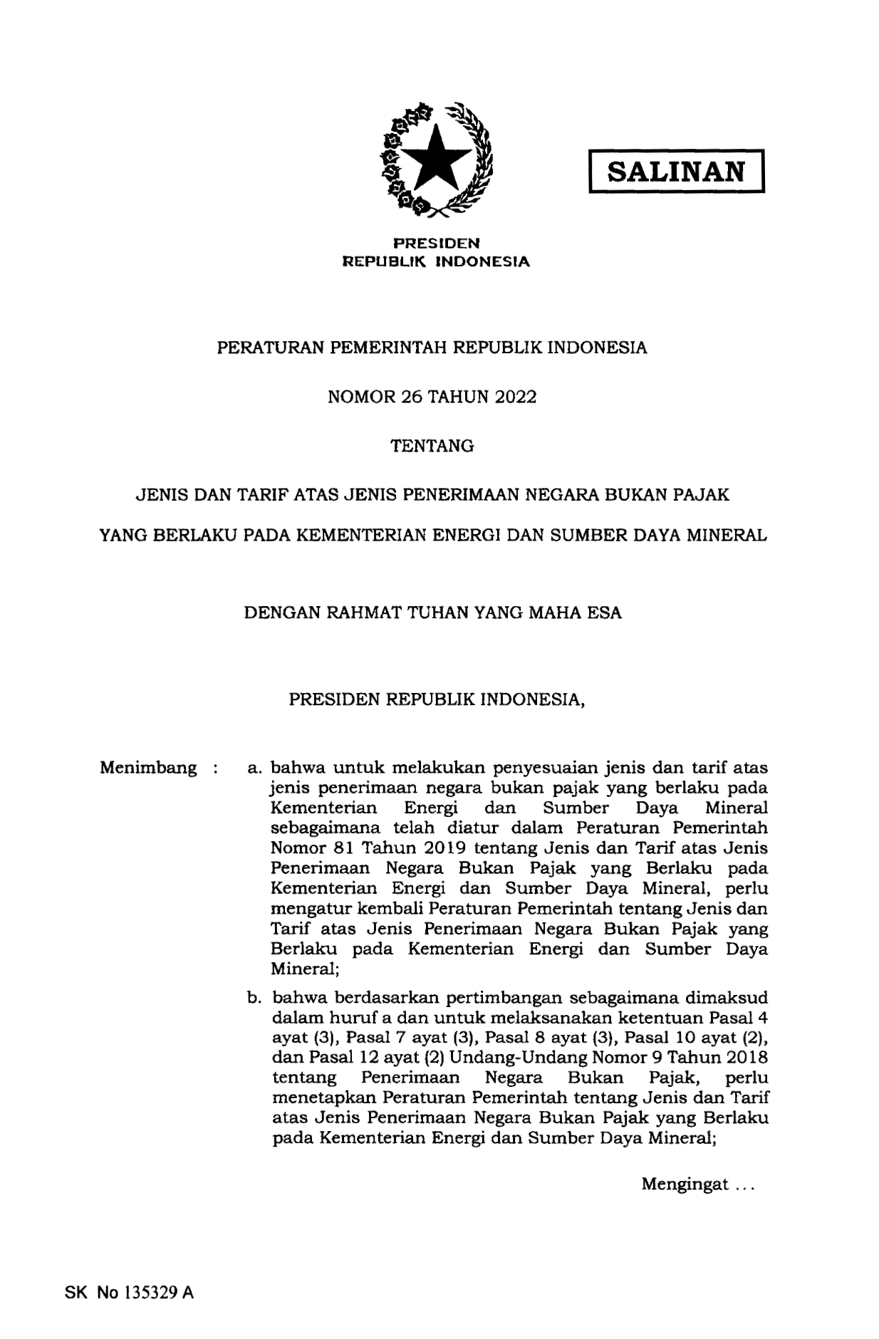 Peraturan Pemerintah Nomor 26 Tahun 2022