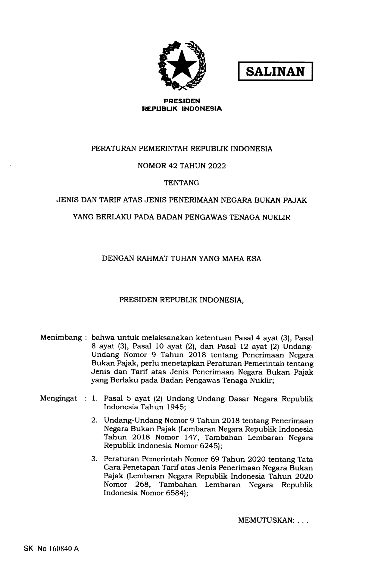 Peraturan Pemerintah Nomor 42 Tahun 2022