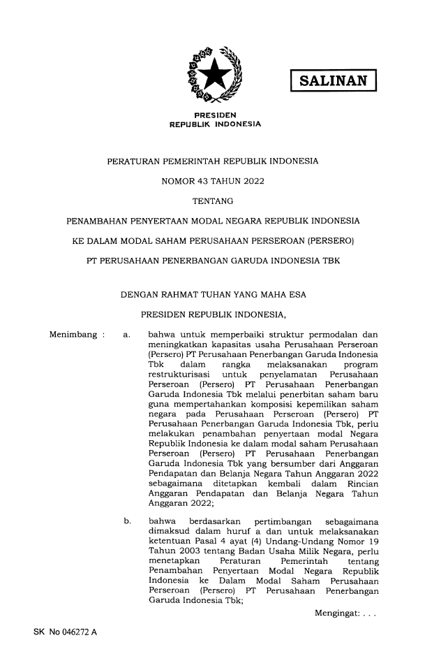 Peraturan Pemerintah Nomor 43 Tahun 2022