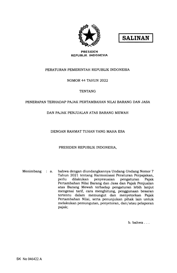 Peraturan Pemerintah Nomor 44 Tahun 2022