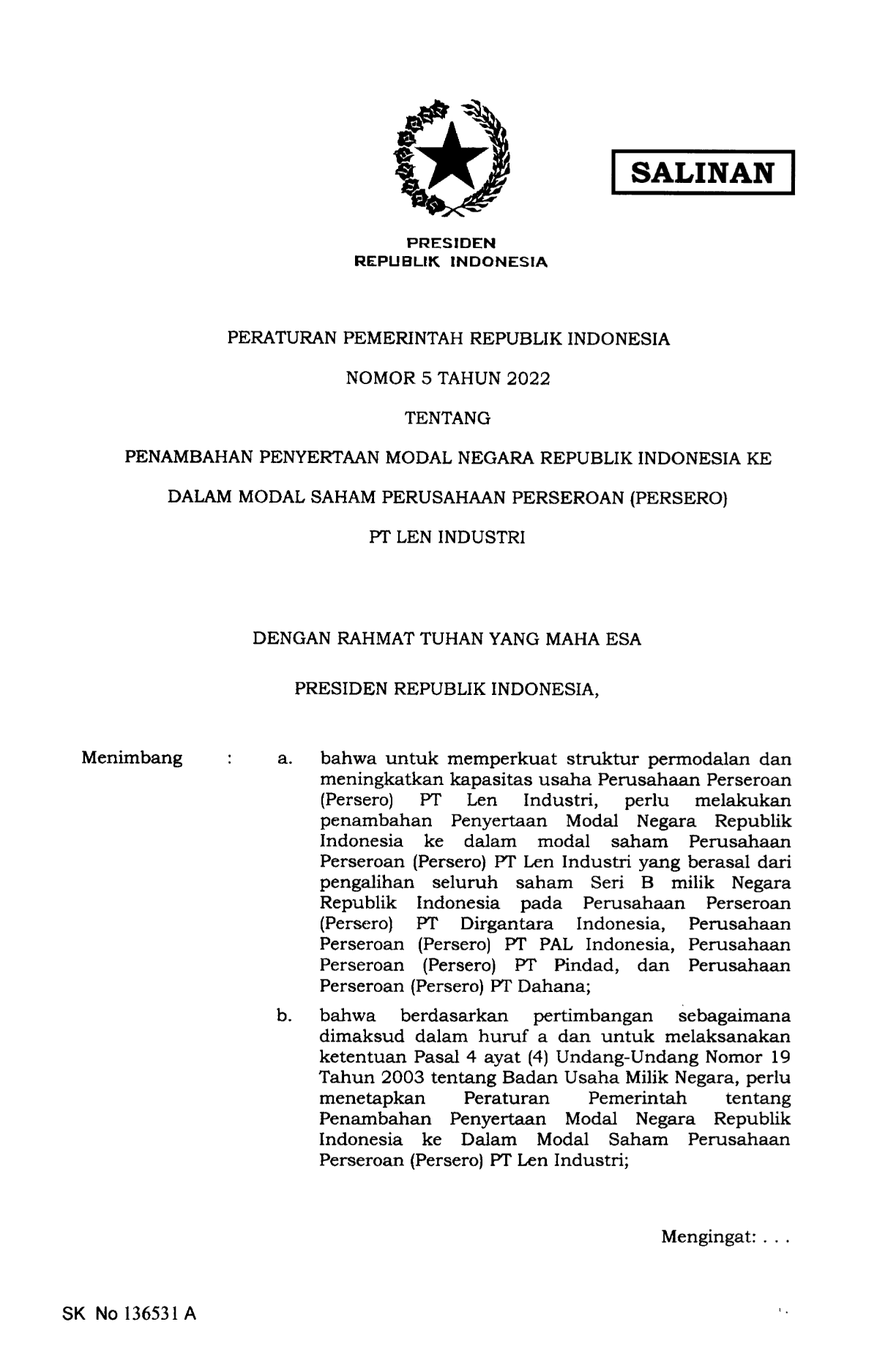 Peraturan Pemerintah Nomor 5 Tahun 2022