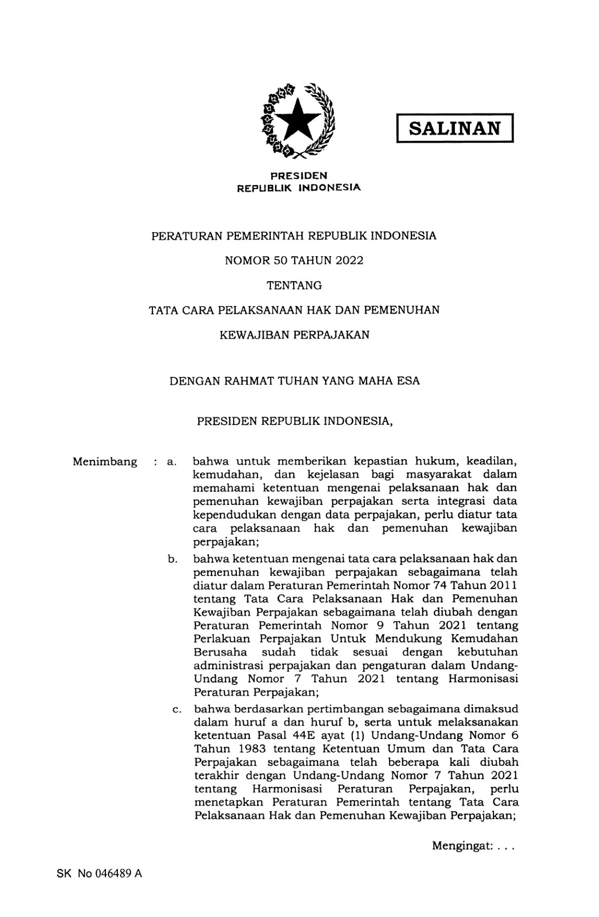 Peraturan Pemerintah Nomor 50 Tahun 2022