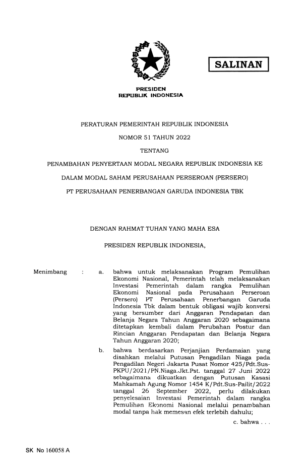 Peraturan Pemerintah Nomor 51 Tahun 2022