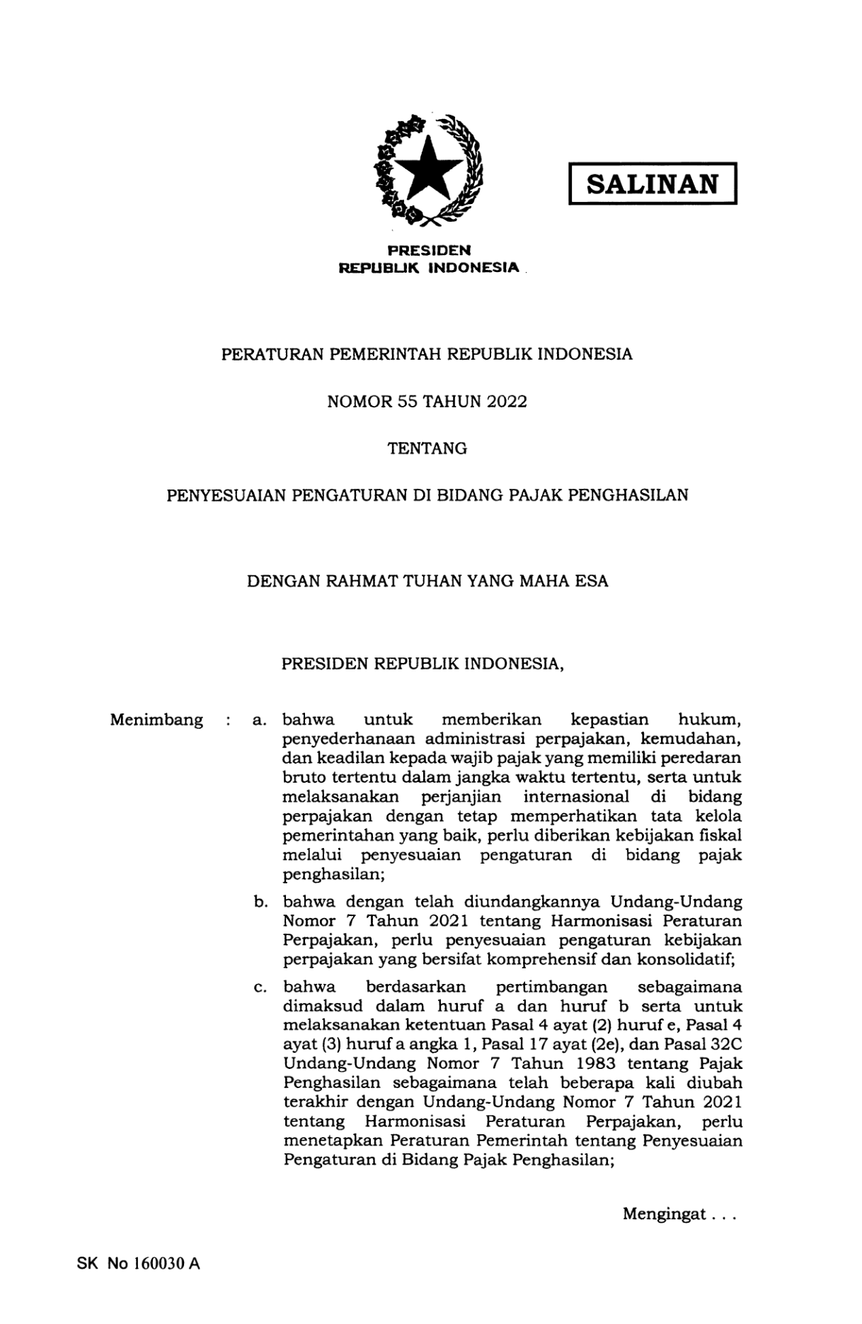 Peraturan Pemerintah Nomor 55 Tahun 2022