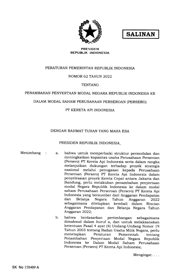 Peraturan Pemerintah Nomor 62 Tahun 2022