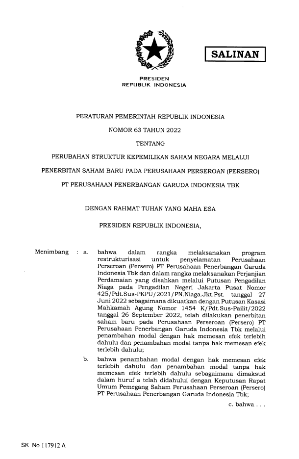 Peraturan Pemerintah Nomor 63 Tahun 2022