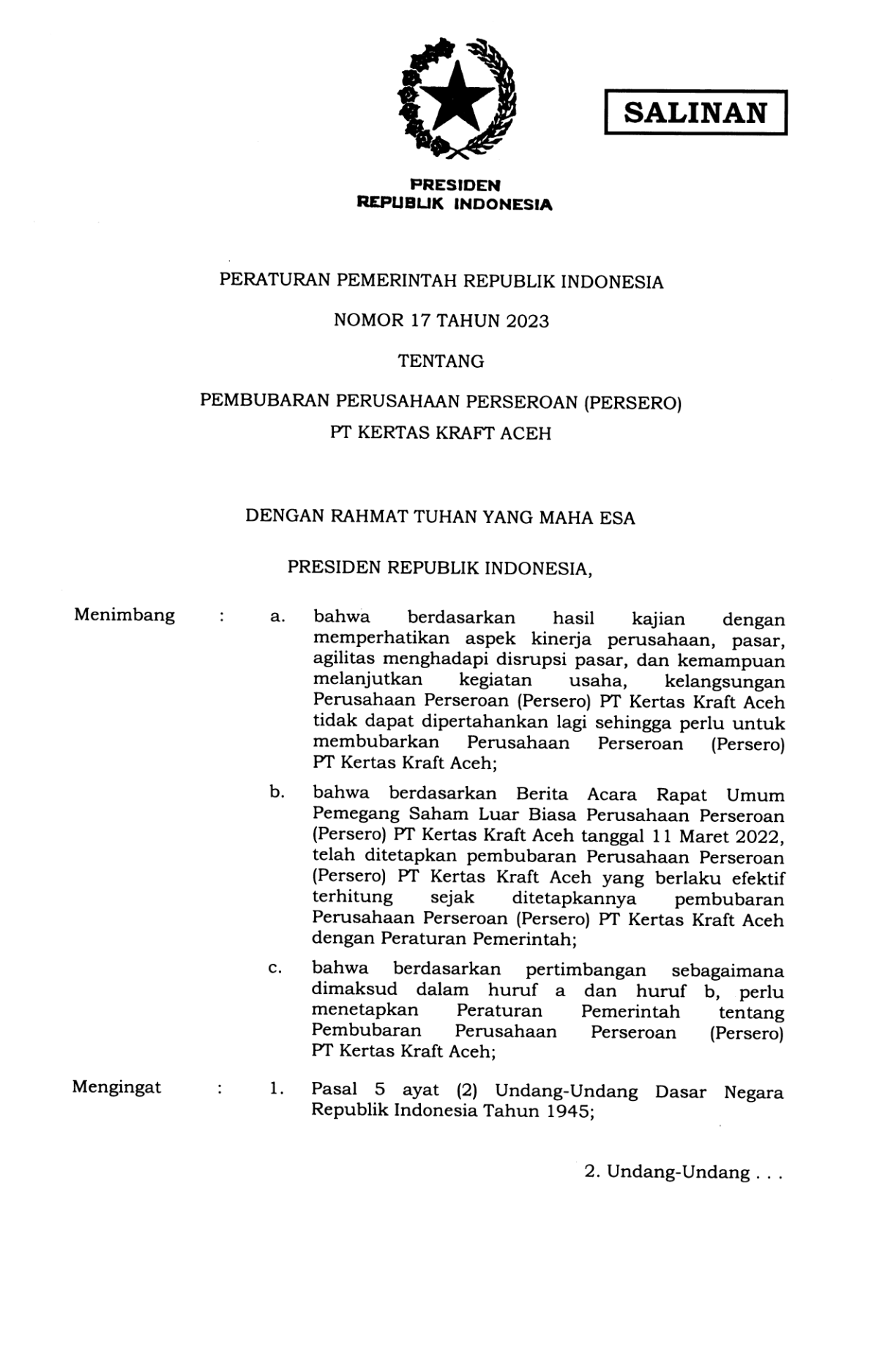 Peraturan Pemerintah Nomor 17 Tahun 2023