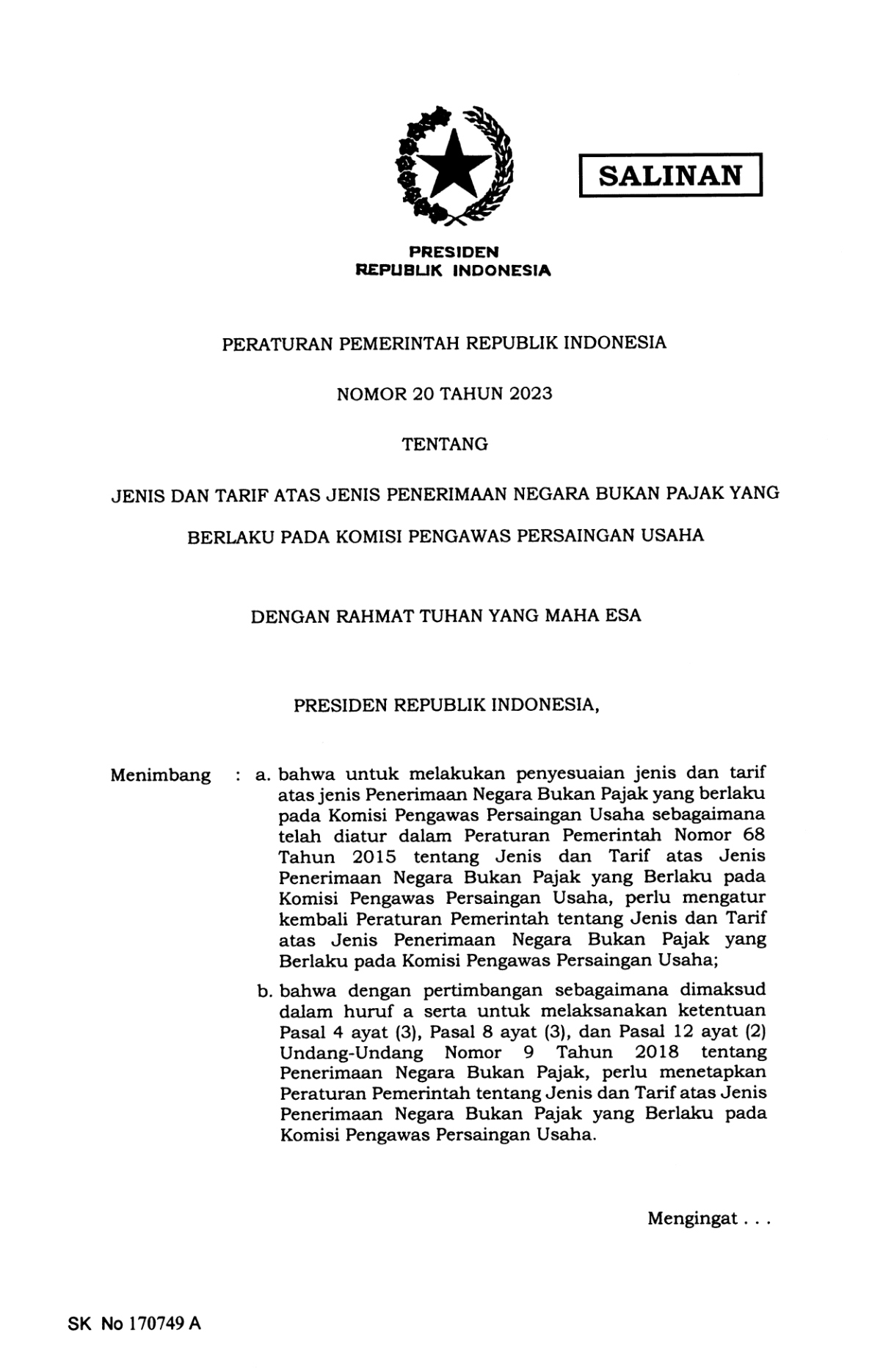 Peraturan Pemerintah Nomor 20 Tahun 2023