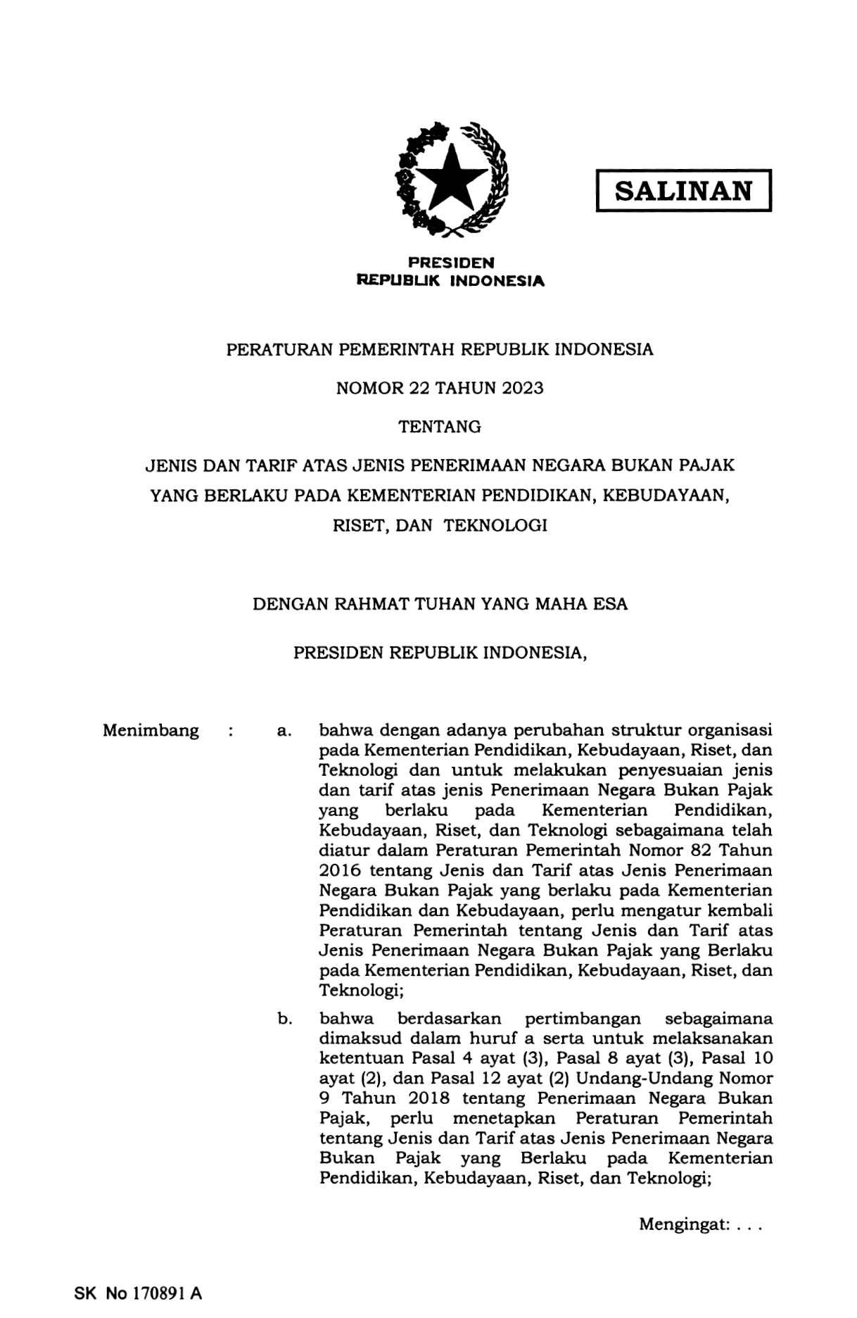 Peraturan Pemerintah Nomor 22 Tahun 2023