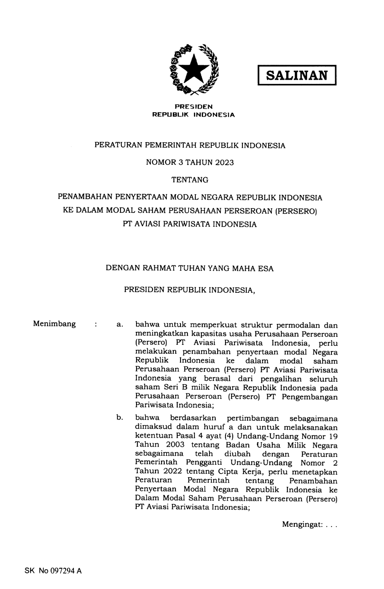 Peraturan Pemerintah Nomor 3 Tahun 2023