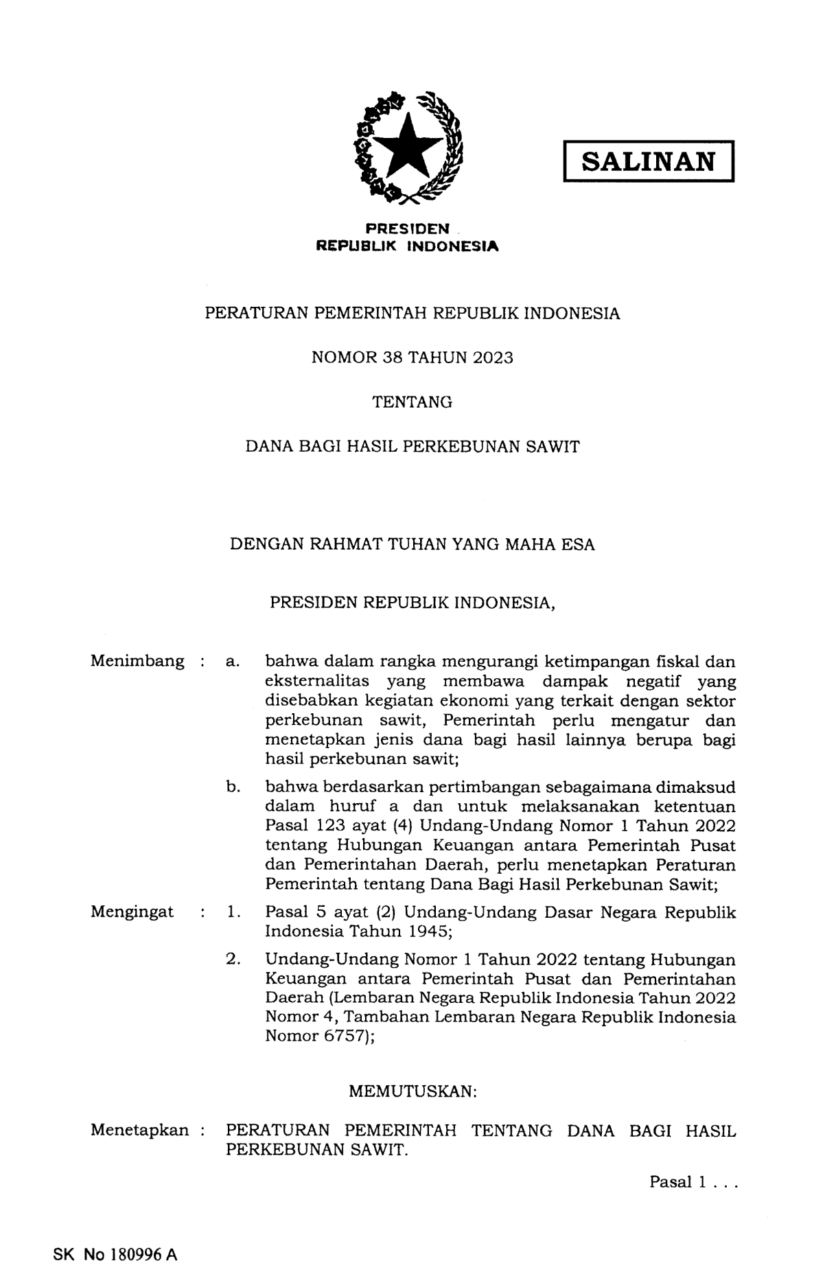 Peraturan Pemerintah Nomor 38 Tahun 2023