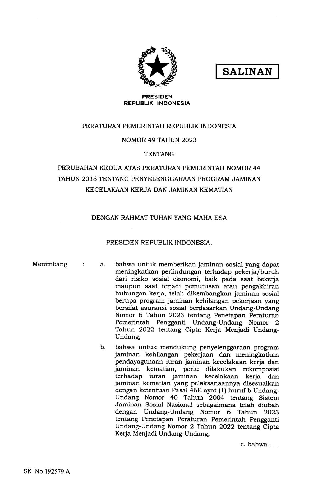 Peraturan Pemerintah Nomor 49 Tahun 2023
