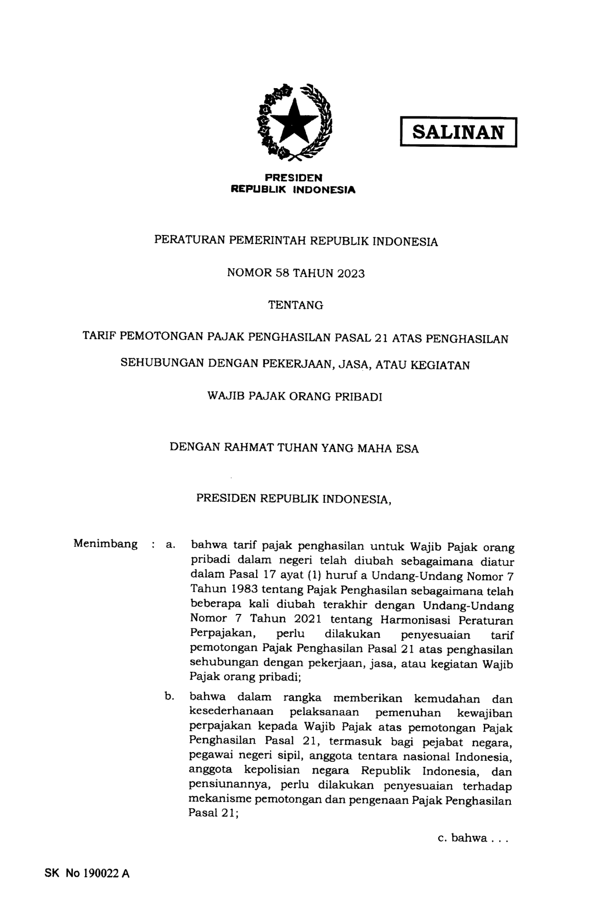 Peraturan Pemerintah Nomor 58 Tahun 2023