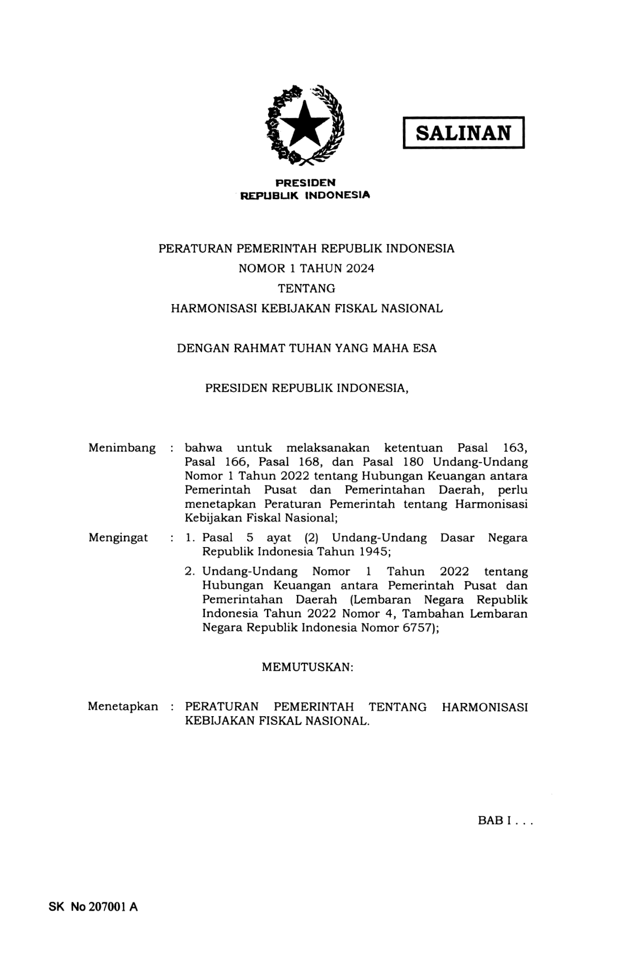 Peraturan Pemerintah Nomor 1 Tahun 2024