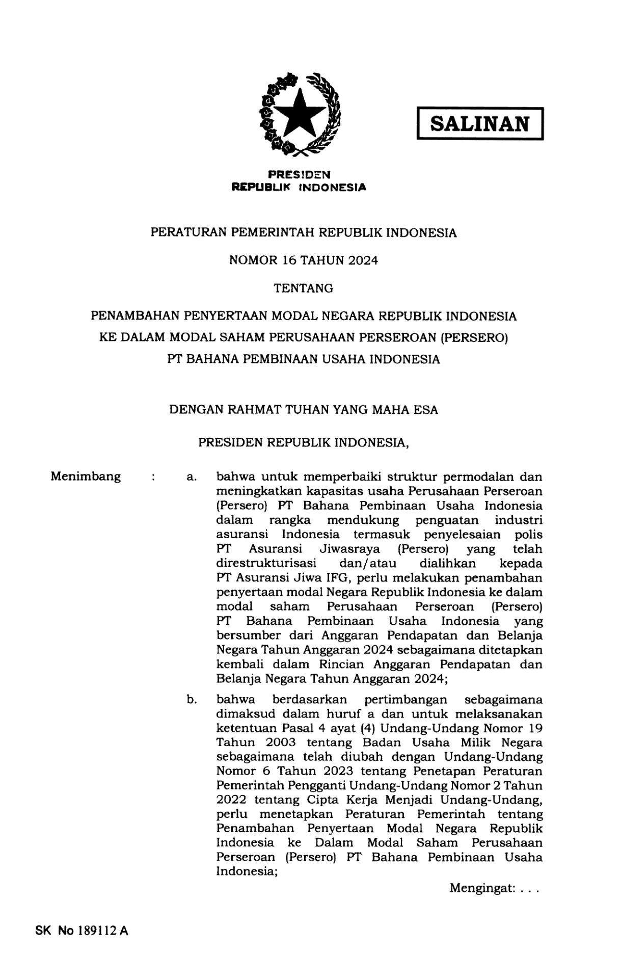 Peraturan Pemerintah Nomor 16 Tahun 2024