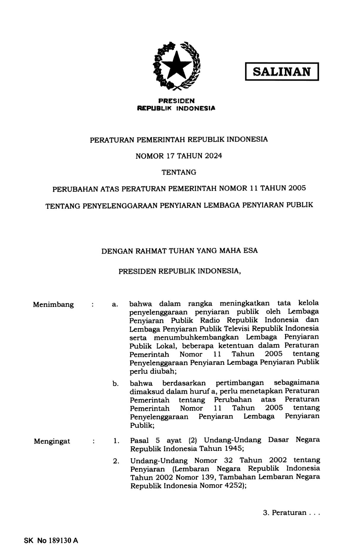 Peraturan Pemerintah Nomor 17 Tahun 2024