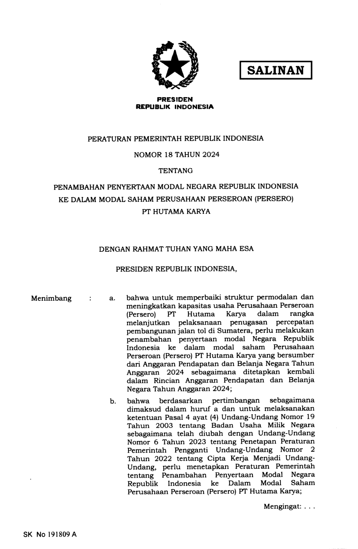 Peraturan Pemerintah Nomor 18 Tahun 2024