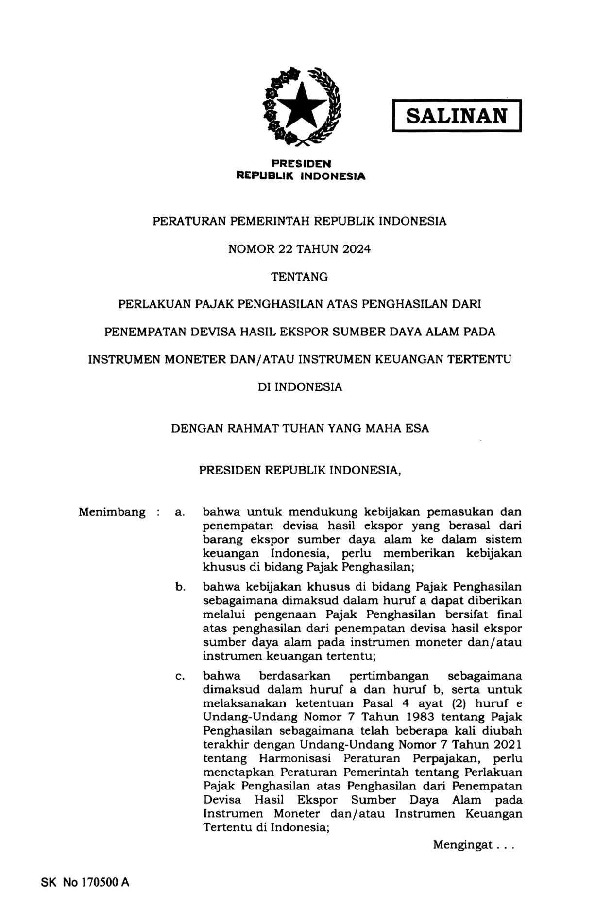 Peraturan Pemerintah Nomor 22 Tahun 2024