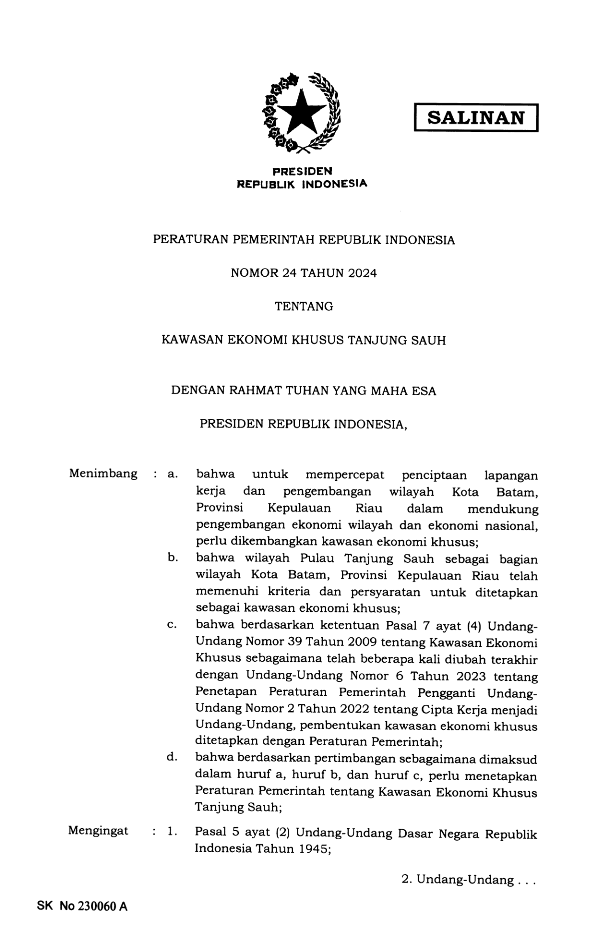 Peraturan Pemerintah Nomor 24 Tahun 2024