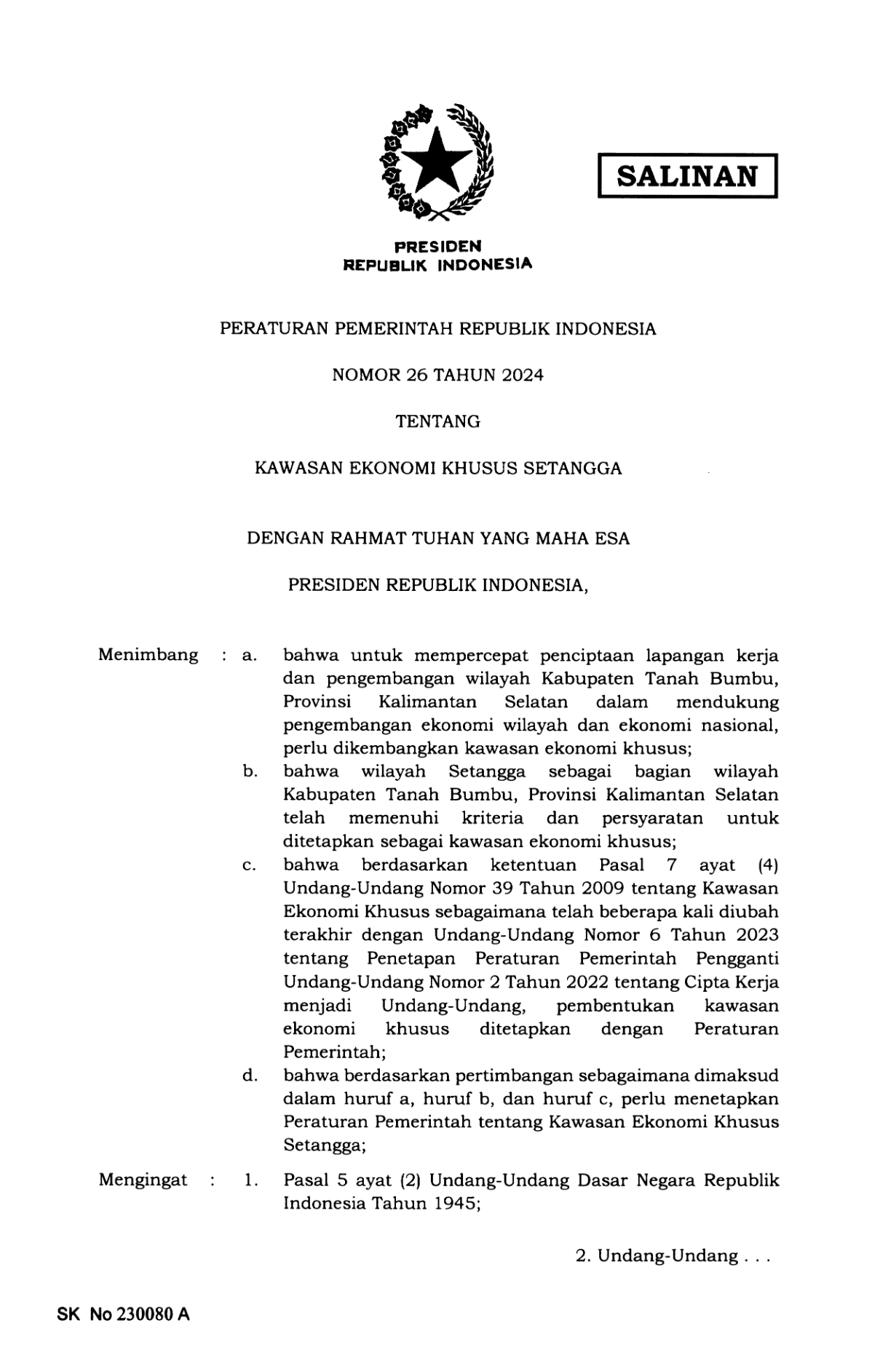 Peraturan Pemerintah Nomor 26 Tahun 2024