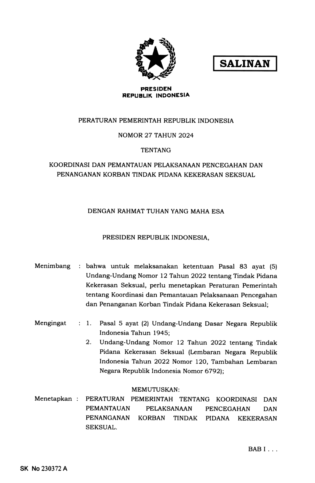 Peraturan Pemerintah Nomor 27 Tahun 2024