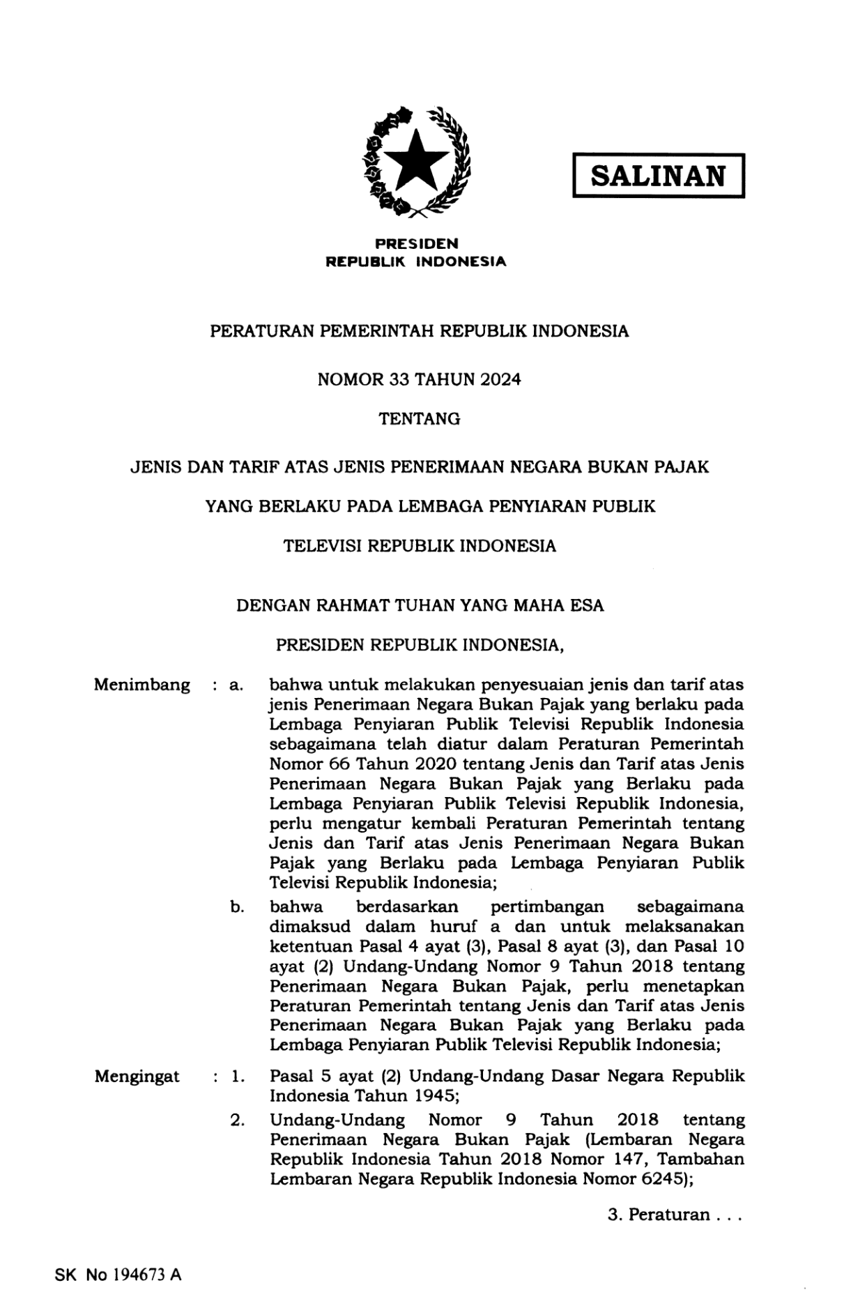 Peraturan Pemerintah Nomor 33 Tahun 2024