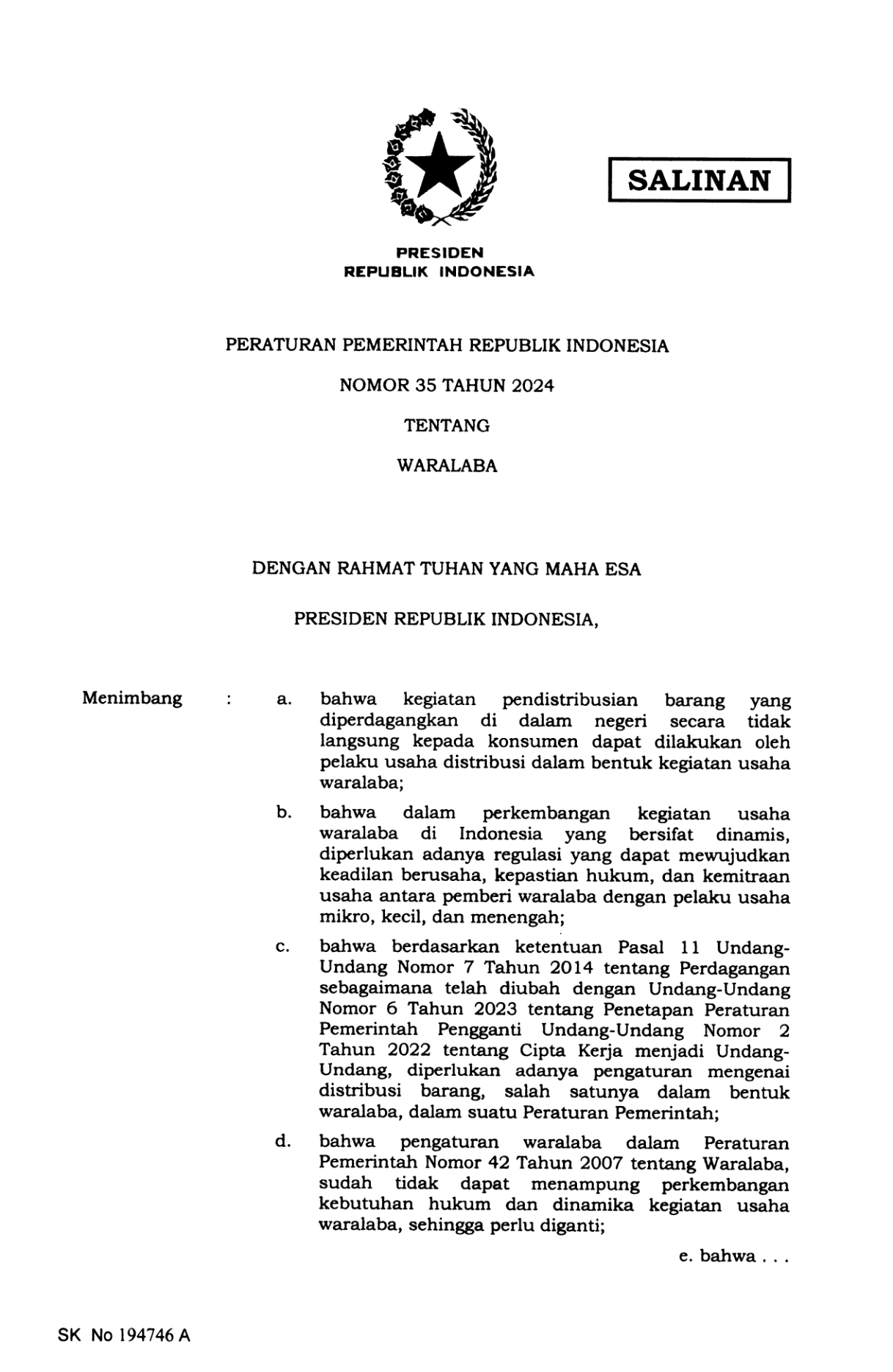 Peraturan Pemerintah Nomor 35 Tahun 2024