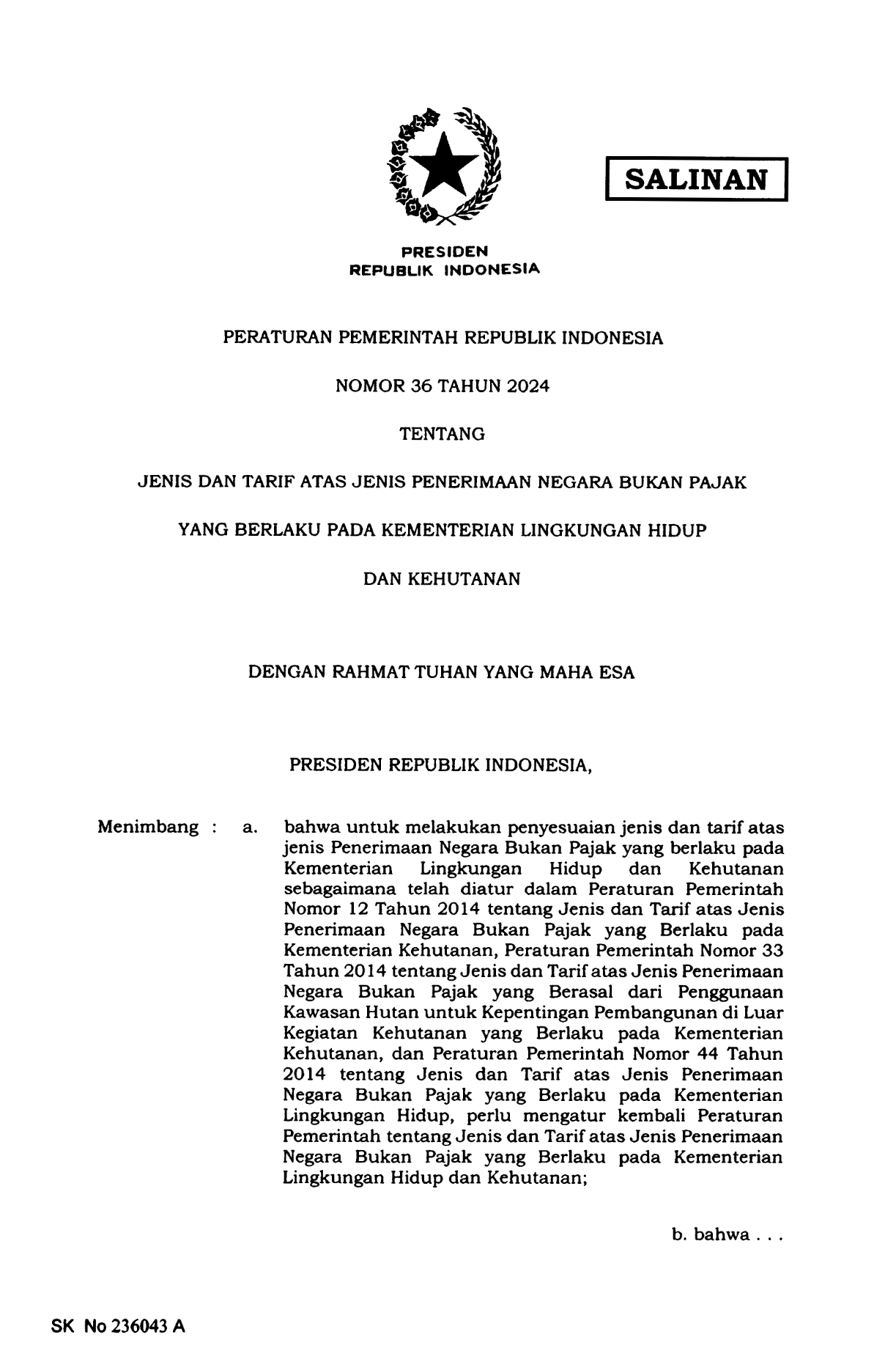 Peraturan Pemerintah Nomor 36 Tahun 2024