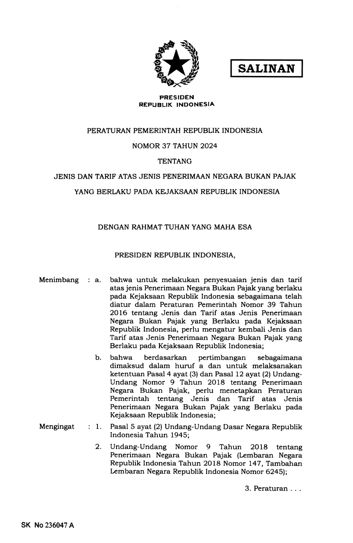 Peraturan Pemerintah Nomor 37 Tahun 2024