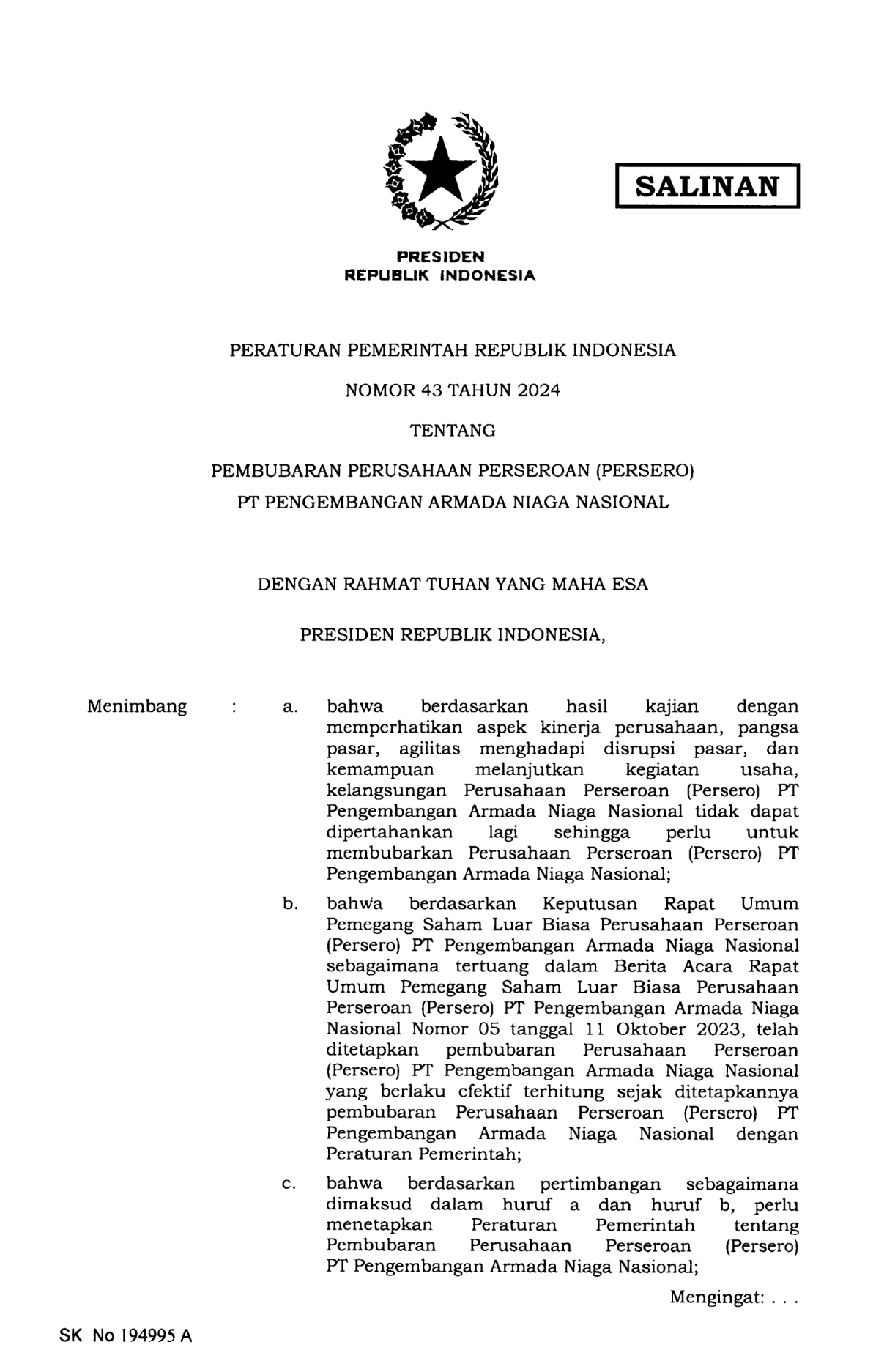 Peraturan Pemerintah Nomor 43 Tahun 2024