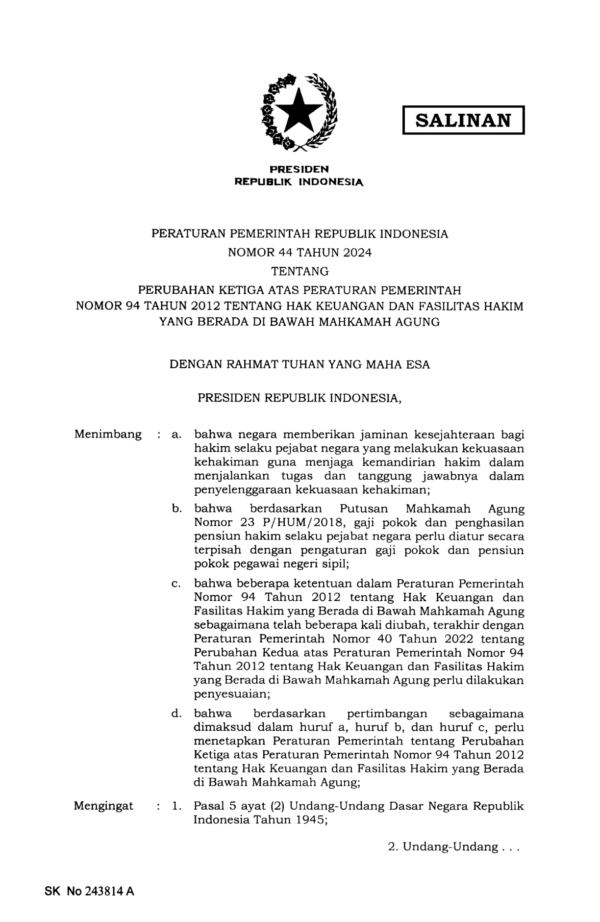 Peraturan Pemerintah Nomor 44 Tahun 2024