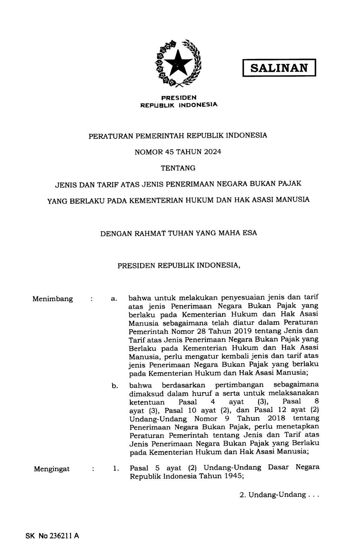 Peraturan Pemerintah Nomor 45 Tahun 2024