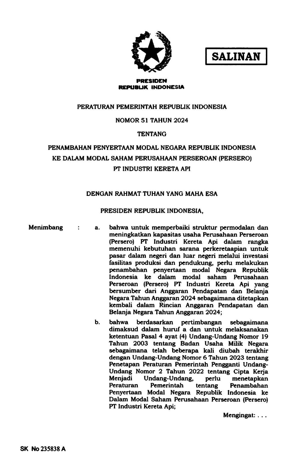 Peraturan Pemerintah Nomor 51 Tahun 2024