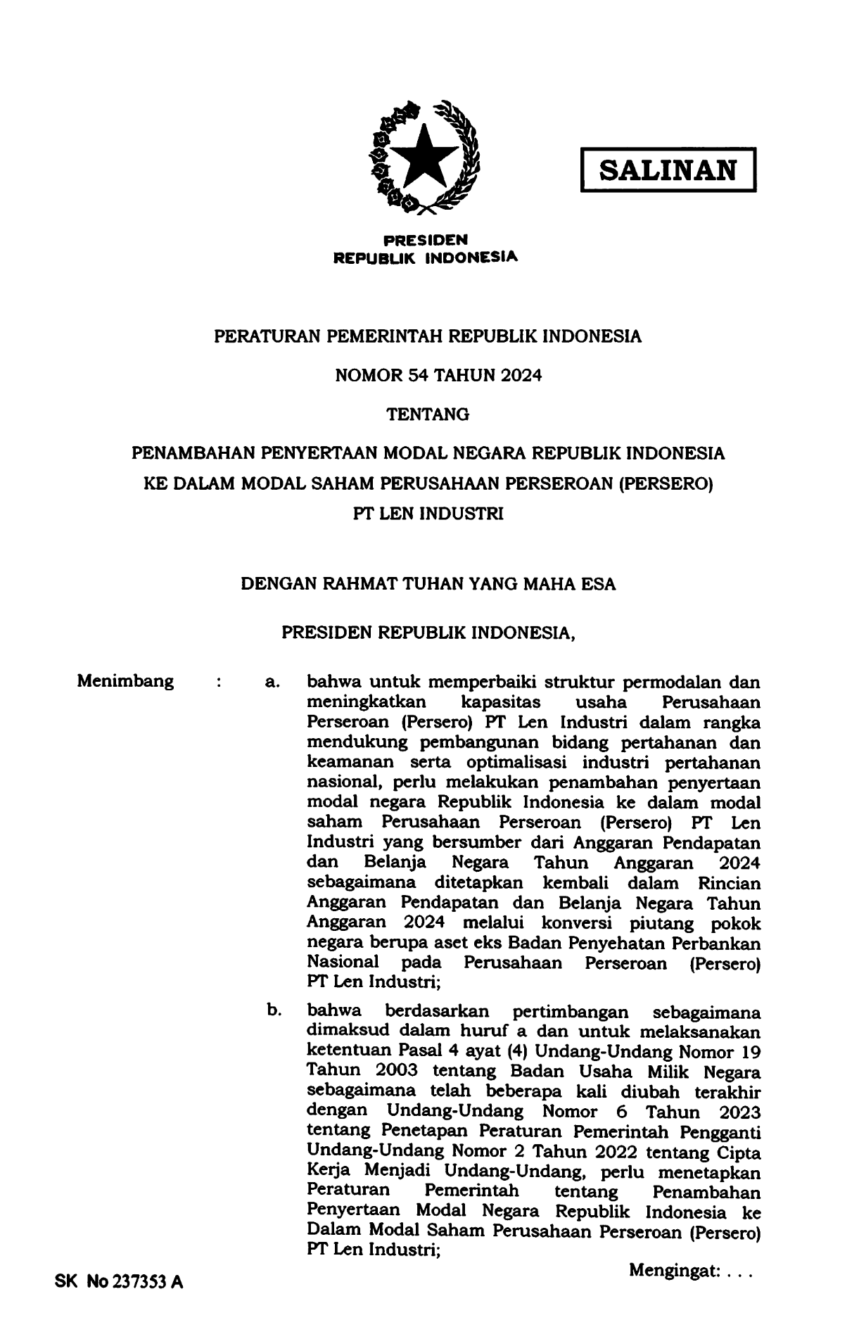 Peraturan Pemerintah Nomor 54 Tahun 2024