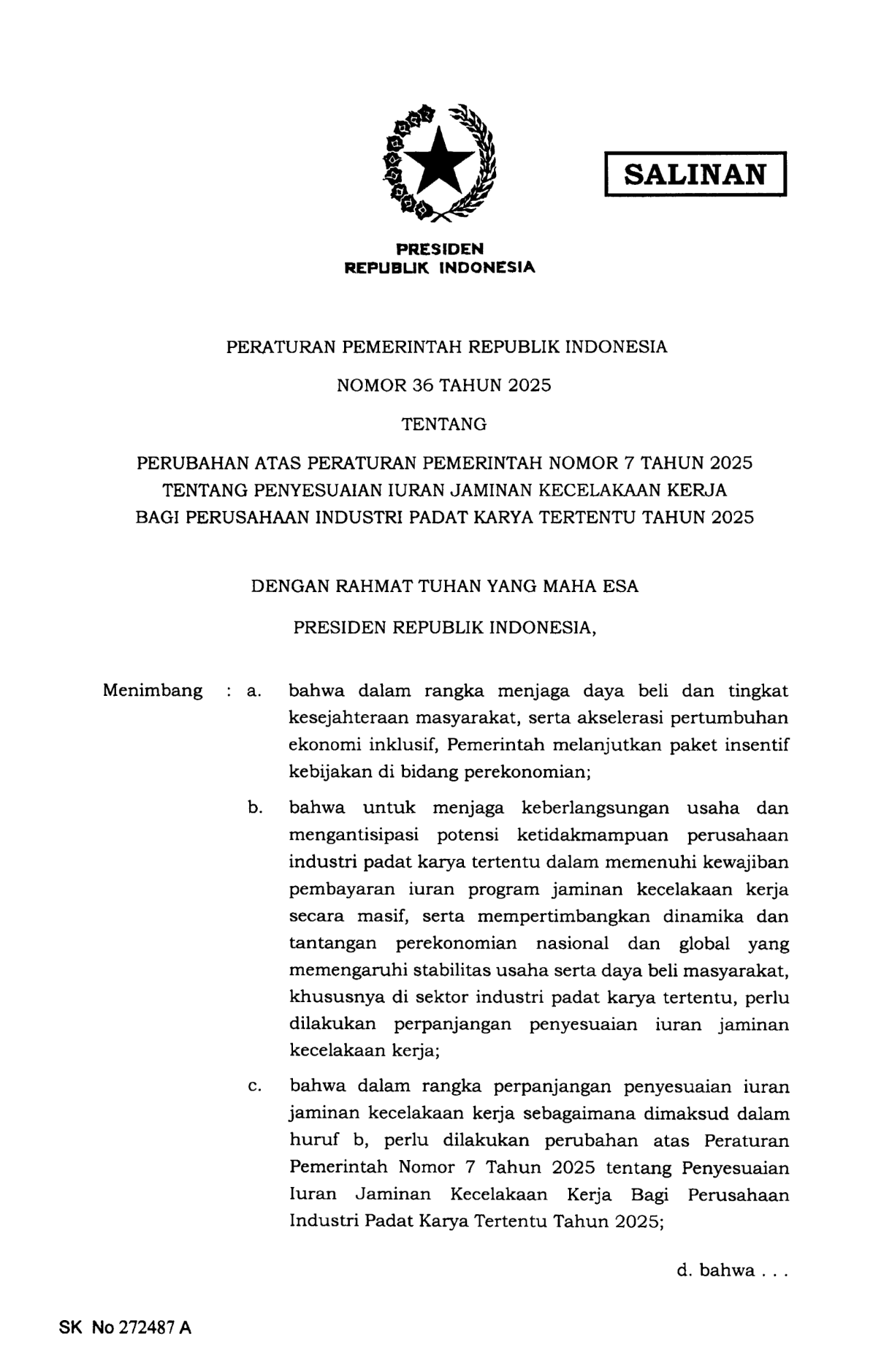 Peraturan Pemerintah Nomor 36 Tahun 2025
