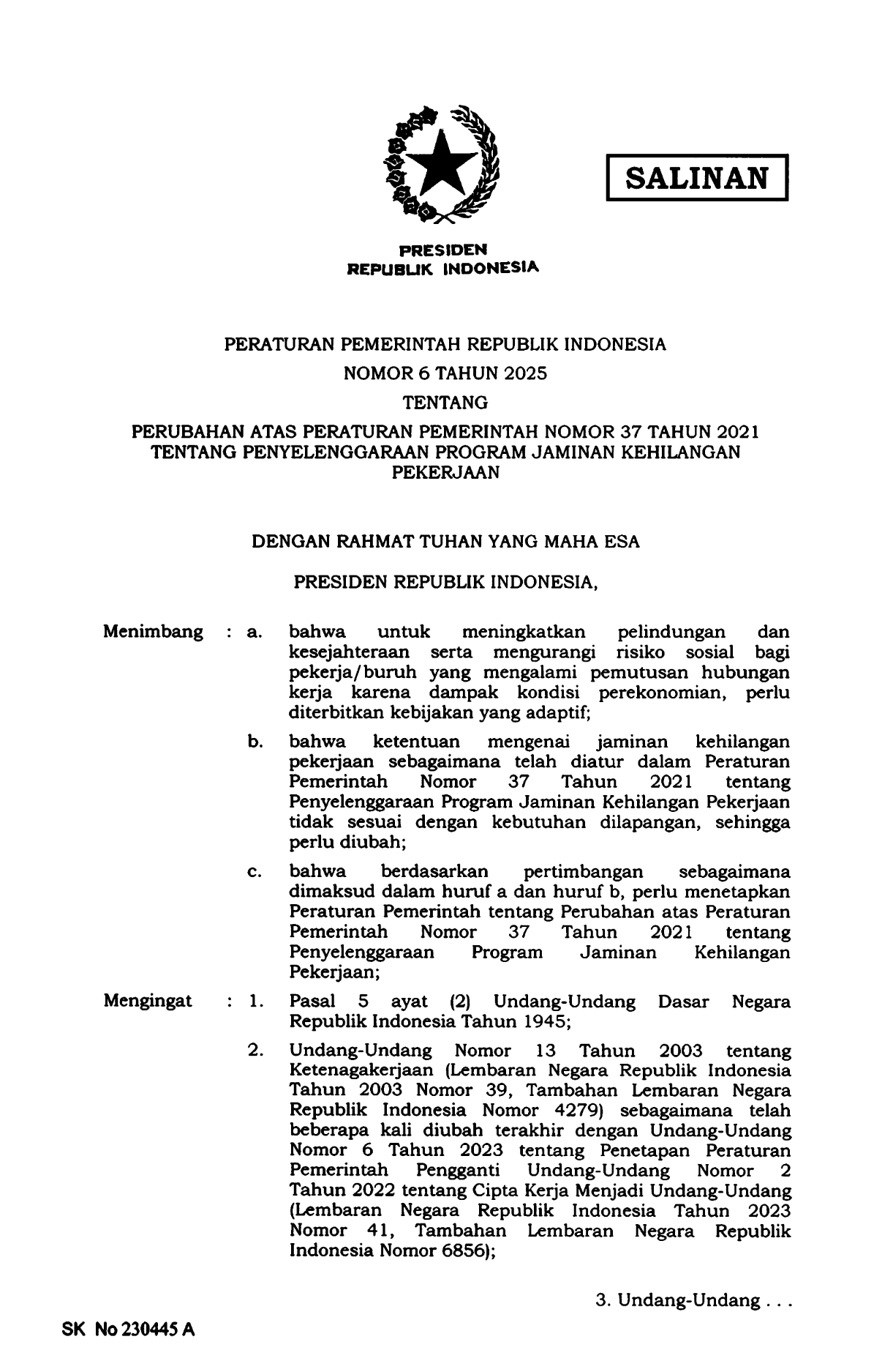 Peraturan Pemerintah Nomor 6 Tahun 2025