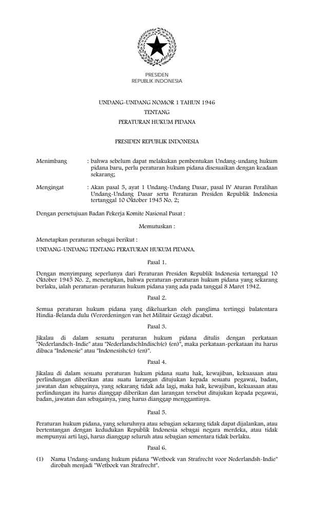 Undang-Undang Nomor 1 Tahun 1946