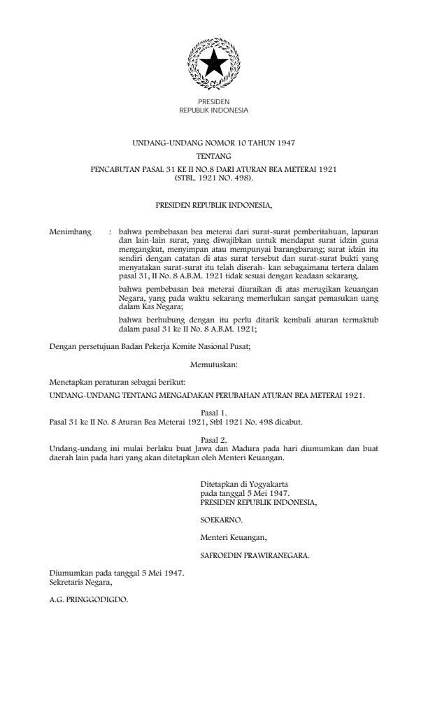 Undang-Undang Nomor 10 Tahun 1947